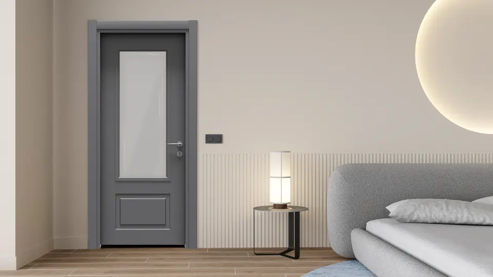 Ahşap çıtalı duvarlı modern yatak odasında gri camlı ahşap oda kapısı