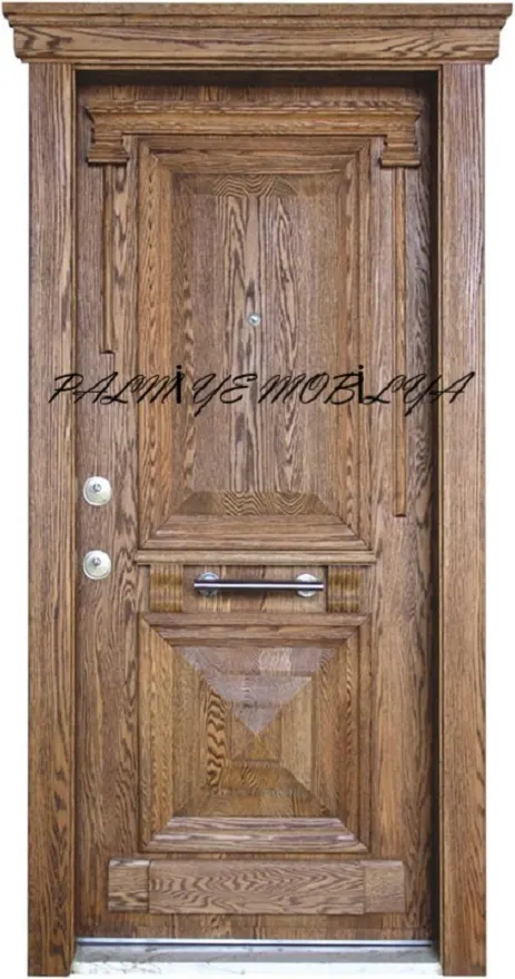 Çift kilitli, derin damarlı eskitme tonlu ve piramit desenli panelli ahşap giriş kapısı