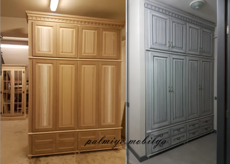 Ham ahşap ve gri lake boyalı halleriyle yan yana yivli kapaklı vestiyer dolabı