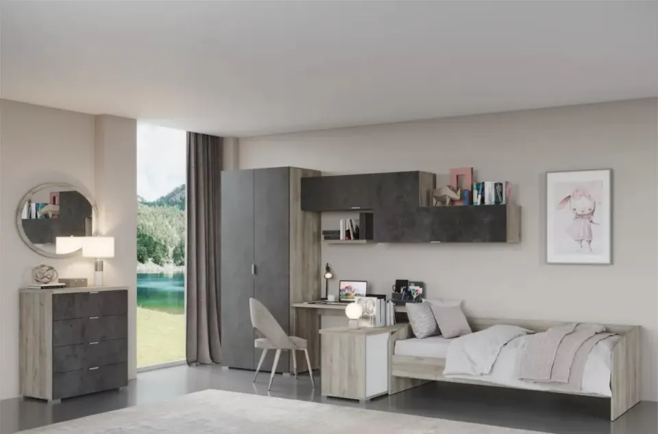 Yurt Odası Takımı – Gri Meşe ve Beton Gri, Köşe Kanepe Yatak