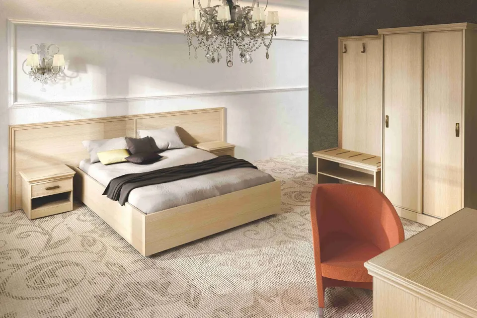 Otel Odası Mobilyası – Açık Meşe, Bavulluk ve Sürgülü Dolap